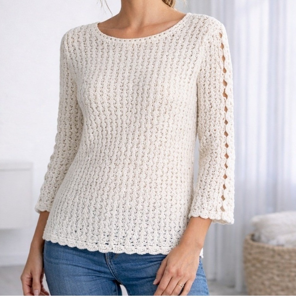 Chico's Ivory Crochet Knit Sweater Boho Lightweight Coastal Top